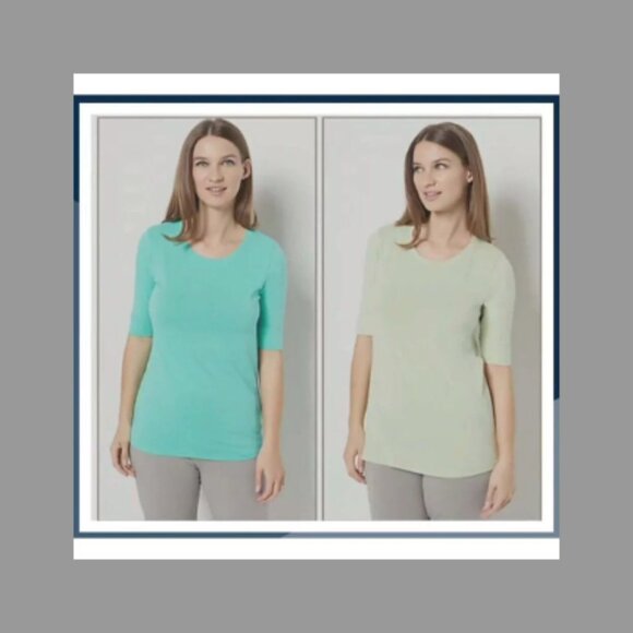 Cuddl Duds Cotton Core Set of 2 Elbow-Sleeve Tops Small Turquoise/Green A470038 - Picture 1 of 7